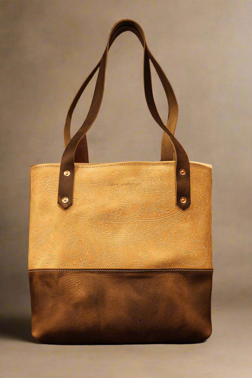 Leather Market Tote Bag Floral Embossed Classic Brown